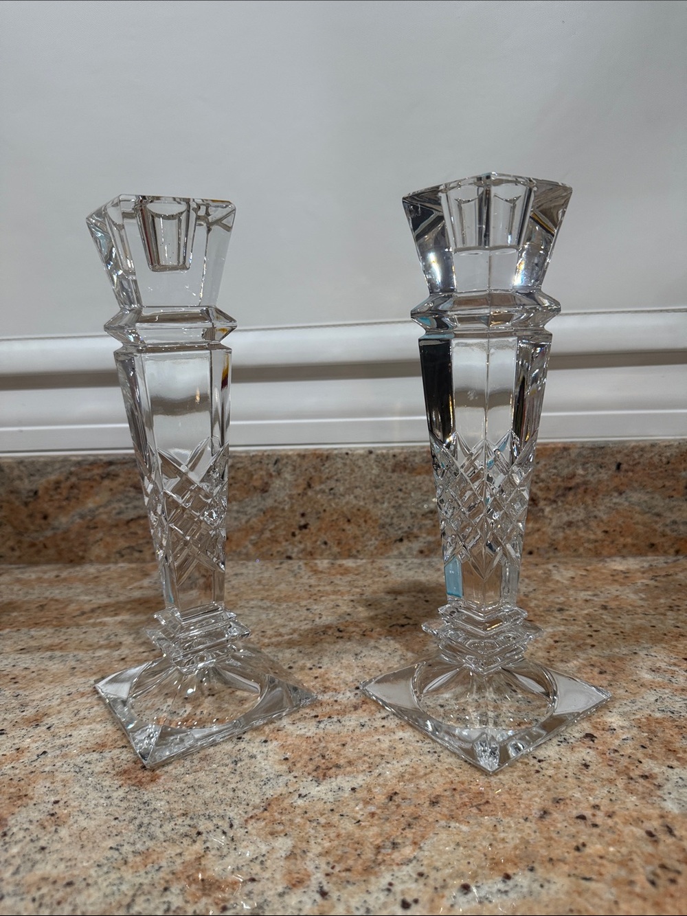 (2) 10 inch Clear Crystal Cut Glass Candlesticks Pair - Elegant Accent